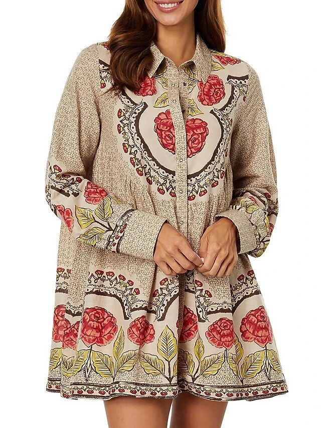 Women's Shirt Dress Casual Dress Mini Dress Outdoor Daily Vacation Polyester Vintage Retro Shirt Collar Button Print Long Sleeve Spring Fall 2023 Loose Fit Apricot Floral S M L XL 2XL 1 Women's Shirt Dress Casual Dress Mini Dress Outdoor Daily Vacation Polyester Vintage Retro Shirt Collar Button Print Long Sleeve Spring Fall 2023 Loose Fit Apricot Floral S M L XL 2XL