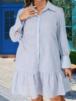 Women's Plus Size Curve Shirt Dress Casual Dress Stripe Midi Dress Long Sleeve Ruffle Button Shirt Collar Fashion Outdoor Light Blue Fall Winter XL XXL 3XL 4XL -HAYz Clothing Shop mpreid1693533688796