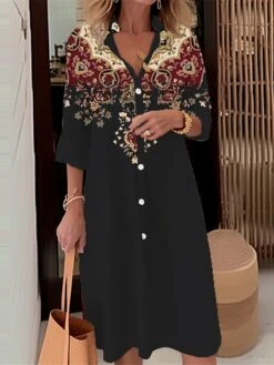 Women's Shirt Dress Casual Dress Midi Dress Outdoor Daily Date Polyester Fashion Modern Shirt Collar Button Pocket Long Sleeve Fall Winter 2023 Loose Fit Black Wine Red Floral S M L XL 2XL -HAYz Clothing Shop mqegld1695367368888