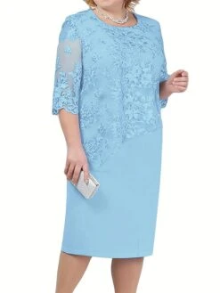 Women's Plus Size Party Dress Lace Dress Cocktail Dress Midi Dress Pink Blue Green 3/4 Length Sleeve Pure Color Lace Spring Fall Winter Crew Neck Fashion Winter Dress Wedding Guest Vacation 2023 L XL -HAYz Clothing Shop mqgvyy1693806683006