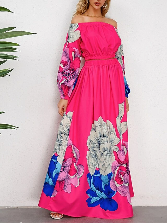 Women's Two Piece Dress Set Casual Dress Skirt Set Daily Going Out Casual Ruched Print Long Dress Maxi Dress Off Shoulder Long Sleeve Floral Regular Fit Blue Green Rose Red Fall Winter S M L XL XXL 6 Women's Two Piece Dress Set Casual Dress Skirt Set Daily Going Out Casual Ruched Print Long Dress Maxi Dress Off Shoulder Long Sleeve Floral Regular Fit Blue Green Rose Red Fall Winter S M L XL XXL - Image 6