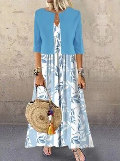 Women's Two Piece Dress Set Casual Dress Print Dress Outdoor Daily Fashion Streetwear Print Long Dress Maxi Dress V Neck Half Sleeve Leaf Regular Fit Blue Summer Spring S M L XL XXL