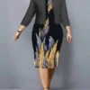 Women's Plus Size Curve Casual Dress Dress Set Two Piece Dress Leaf Floral Midi Dress Long Sleeve Print Crew Neck Fashion Outdoor Black Wine Fall Winter L XL XXL 3XL 4XL