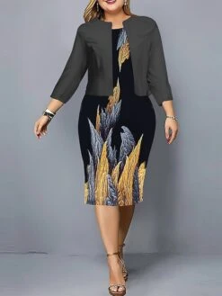 Women's Plus Size Curve Casual Dress Dress Set Two Piece Dress Leaf Floral Midi Dress Long Sleeve Print Crew Neck Fashion Outdoor Black Wine Fall Winter L XL XXL 3XL 4XL