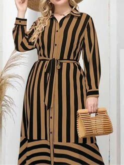 Women's Plus Size Shirt Dress Casual Dress Swing Dress Midi Dress Outdoor Daily Date Polyester Fashion Modern Shirt Collar Lace Up Button Long Sleeve Fall Winter 2023 Loose Fit Brown Striped L XL 2XL -HAYz Clothing Shop mqxsva1693451928090