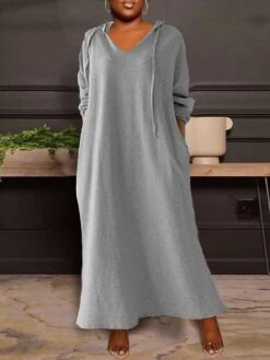 Women's Plus Size Curve Casual Dress Hoodie Dress Solid Color Long Dress Maxi Dress Long Sleeve Pocket Hooded Fashion Outdoor Black Khaki Fall Winter L XL XXL 3XL 4XL