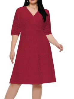 Women‘s Plus Size Curve Party Dress Lace Dress White Dress Solid Color Midi Dress Half Sleeve Lace V Neck Fashion Party White Red Summer Spring XL XXL 3XL 4XL 5XL -HAYz Clothing Shop mrdzph1681204550816