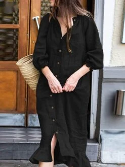 Women's Casual Dress Cotton Dress Black Dress Midi Dress Cotton Fashion Daily Outdoor Daily Vacation Stand Collar Ruffle Button 3/4 Length Sleeve Fall Autumn 2023 Loose Fit Black Wine Blue Plain S M 20 Women's Casual Dress Cotton Dress Black Dress Midi Dress Cotton Fashion Daily Outdoor Daily Vacation Stand Collar Ruffle Button 3/4 Length Sleeve Fall Autumn 2023 Loose Fit Black Wine Blue Plain S M -HAYz Clothing Shop mrhsmc1692947507090