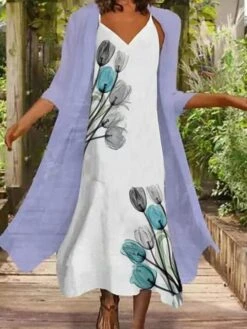 Women's Two Piece Dress Set Shift Dress Slip Dress Daily Going Out Fashion Streetwear Print Midi Dress Strap 3/4 Length Sleeve Floral Loose Fit Pink Light Purple Summer Spring S M L XL XXL -HAYz Clothing Shop mriqze1677120932838