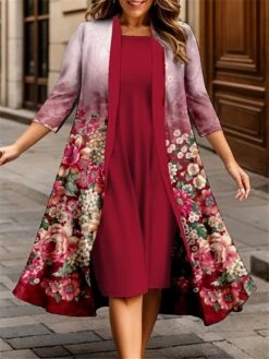 Women's Plus Size Curve Casual Dress Dress Set Two Piece Dress Floral Midi Dress 3/4 Length Sleeve Print Crew Neck Fashion Outdoor Red Blue Fall Winter L XL XXL 3XL 4XL