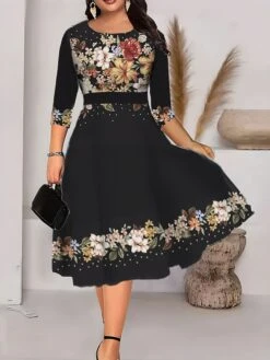 Women‘s Plus Size Curve Work Dress Swing Dress A Line Dress Fashion Midi Dress Print Crew Neck 3/4 Length Sleeve Floral Geometric Regular Fit Black White Green Summer Fall L XL XXL 3XL 4XL -HAYz Clothing Shop mrsyvb1690962538699