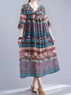 Women's Casual Dress Cotton Linen Dress Swing Dress Midi Dress Linen / Cotton Blend Fashion Classic Outdoor Daily Holiday V Neck Ruched Ruffle 3/4 Length Sleeve Fall Winter Autumn 2023 Loose Fit Blue -HAYz Clothing Shop mruycu1693553161914