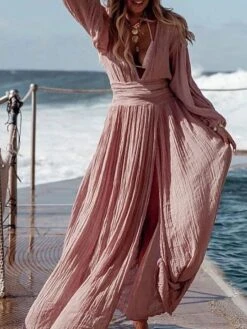 Women's Casual Dress Cotton Linen Dress Maxi Long Dress Polyester Basic Casual Daily Vacation V Neck Split Long Sleeve Summer Spring Fall 2023 Regular Fit Black White Pink Pure Color S M L XL -HAYz Clothing Shop msfuef1676368787585