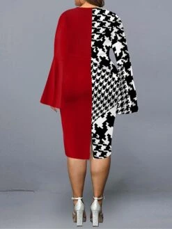 Women's Plus Size Curve Party Dress Cocktail Dress Work Dress Geometric Stripe Midi Dress Long Sleeve Print V Neck Fashion Party Black Red Fall Winter XL XXL 3XL 4XL 5XL -HAYz Clothing Shop msmcaj1695712248464
