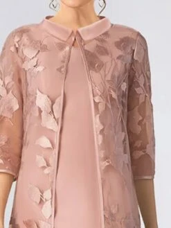 Women's Plus Size Curve Party Dress Dress Set Two Piece Dress Floral Midi Dress 3/4 Length Sleeve Mesh Embroidered Shirt Collar Fashion Party Pink Fall Winter L XL XXL 3XL 4XL -HAYz Clothing Shop msplkq1696995427691