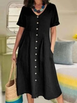 Women's Casual Dress Cotton Linen Dress A Line Dress Maxi Long Dress Cotton Blend Basic Elegant Outdoor Daily Vacation V Neck Button Pocket Short Sleeve Summer Spring Fall 2023 Regular Fit Black -HAYz Clothing Shop mtbtti1654855737888