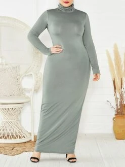 Women's Plus Size Curve Casual Dress Bodycon Sheath Dress Plain Long Dress Maxi Dress Long Sleeve Stand Collar Fashion Outdoor Black Yellow Fall Winter XXL 3XL 4XL 5XL
