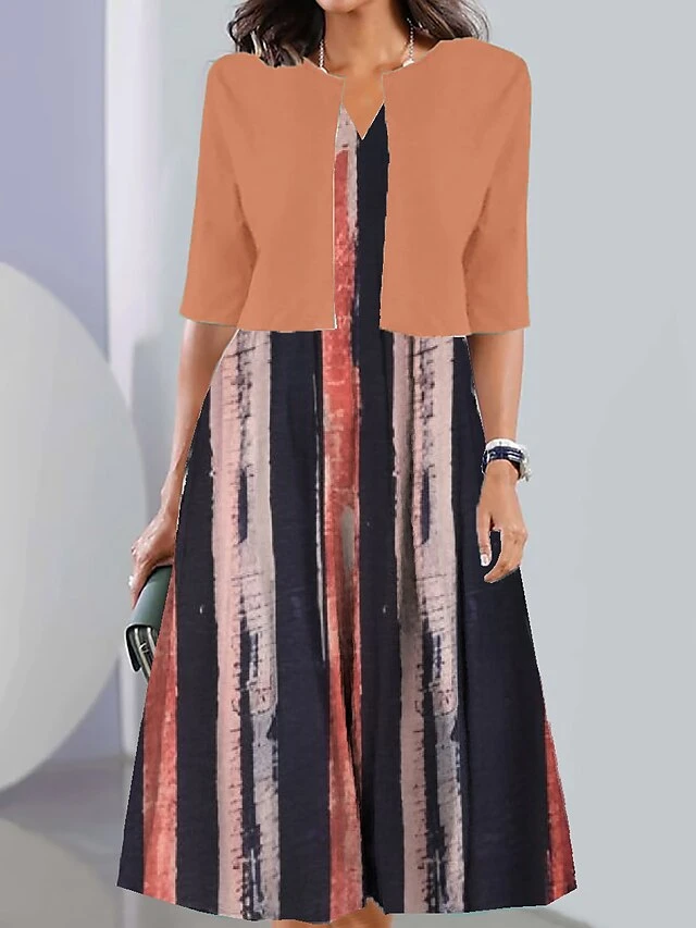 Women's Two Piece Dress Set Casual Dress Print Dress Outdoor Daily Fashion Elegant Print Midi Dress V Neck Half Sleeve Geometric Color Block Regular Fit Black White Navy Blue Summer Spring S M L XL 2 Women's Two Piece Dress Set Casual Dress Print Dress Outdoor Daily Fashion Elegant Print Midi Dress V Neck Half Sleeve Geometric Color Block Regular Fit Black White Navy Blue Summer Spring S M L XL - Image 2