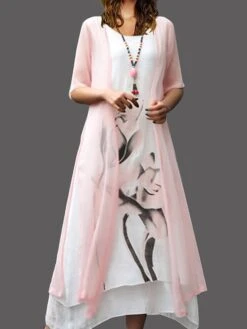 Women's Two Piece Dress Set Casual Dress Cotton Linen Dress Outdoor Daily Fashion Casual Fake Two Piece Print Midi Dress Crew Neck Short Sleeve Floral Painting Regular Fit Yellow Pink Red Summer -HAYz Clothing Shop mtpakh1680146908480