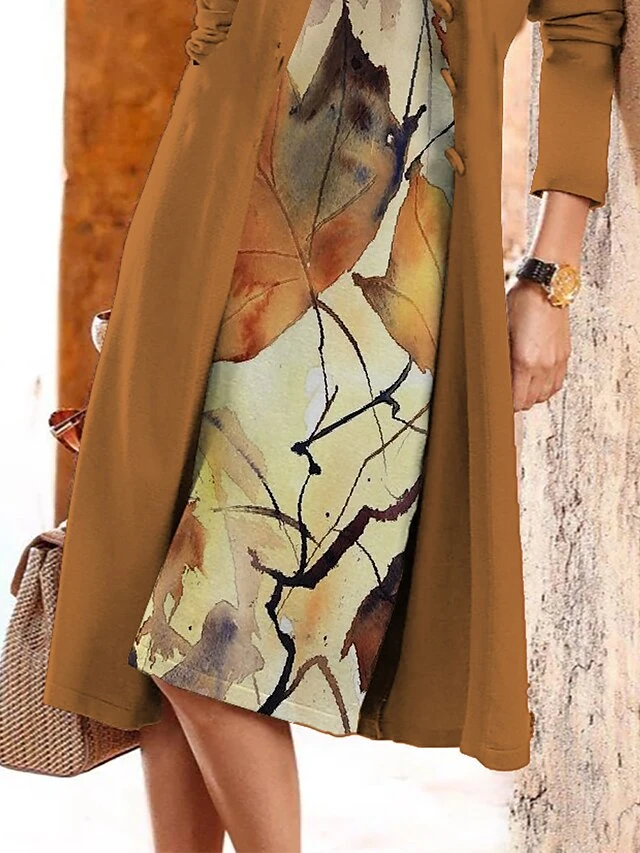 Women's Two Piece Dress Set Casual Dress Print Dress Outdoor Daily Fashion Modern Print Midi Dress Crew Neck Long Sleeve Leaf Regular Fit Brown Fall Winter S M L XL XXL 3 Women's Two Piece Dress Set Casual Dress Print Dress Outdoor Daily Fashion Modern Print Midi Dress Crew Neck Long Sleeve Leaf Regular Fit Brown Fall Winter S M L XL XXL - Image 3