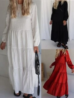 Women's Casual Dress Cotton Linen Dress Swing Dress Maxi Long Dress Linen / Cotton Blend Fashion Modern Outdoor Daily Vacation Crew Neck Ruched Ruffle Long Sleeve Summer Spring Fall 2023 Slim Black