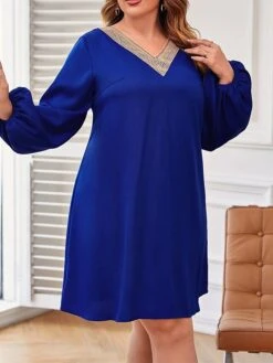 Women's Plus Size Curve Party Dress Cocktail Dress Wedding Guest Dress Midi Dress Blue Long Sleeve Color Block Patchwork Spring Fall Winter V Neck Fashion Birthday Wedding Guest Vacation XL XXL 3XL -HAYz Clothing Shop muacsl1692170752954