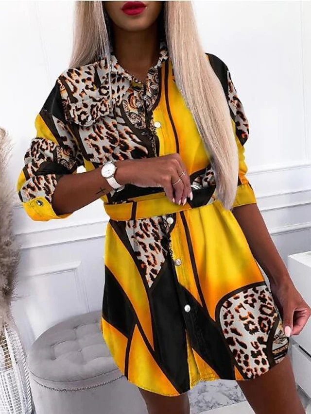 Women's Shirt Dress Mini Dress Winter Dress Daily Date Polyester Polyester / Cotton Fashion Casual Shirt Collar Lace Tie Belt Long Sleeve Summer Spring Fall 2022 Regular Fit Yellow Green Geometric 2 Women's Shirt Dress Mini Dress Winter Dress Daily Date Polyester Polyester / Cotton Fashion Casual Shirt Collar Lace Tie Belt Long Sleeve Summer Spring Fall 2022 Regular Fit Yellow Green Geometric - Image 2