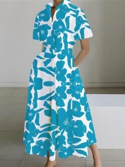 Women's Shirt Dress Casual Dress Swing Dress Maxi Long Dress Outdoor Office Daily Polyester Fashion Modern Shirt Collar Button Pocket Short Sleeve Summer Spring 2023 Loose Fit Yellow Red Navy Blue -HAYz Clothing Shop mufmao1689925297477