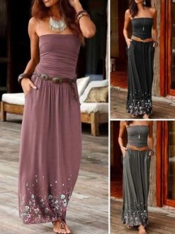 Women's Casual Dress Swing Dress Print Dress Long Dress Maxi Dress Cotton Casual Outdoor Daily Vacation Strapless Backless Pocket Sleeveless Summer Spring Slim Black Fuchsia Gray Floral XS S M L XL