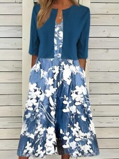 Women's Two Piece Dress Set Casual Dress Shift Dress Daily Going Out Fashion Casual Pocket Print Midi Dress V Neck 3/4 Length Sleeve Floral Loose Fit Navy Blue Royal Blue Dark Green Summer Spring S M -HAYz Clothing Shop musqxf1687327200173