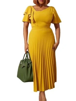 Women‘s Plus Size Curve Party Dress Solid Color V Neck Ruched Short Sleeve Fall Spring Work Prom Dress Maxi Long Dress Party Holiday Dress Ruffle -HAYz Clothing Shop muxyjs1648636996702