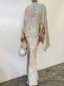 Women's Two Piece Dress Set Casual Dress Skirt Set Daily Going Out Elegant Modern Ruffle Print Long Dress Maxi Dress Stand Collar Long Sleeve Floral Regular Fit White Champagne Wine Fall Winter S M L