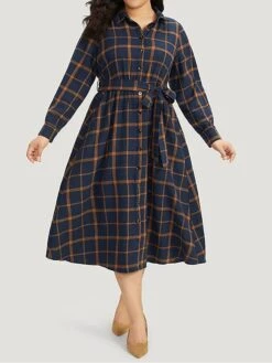 Women's Plus Size Curve Shirt Dress Casual Dress Swing Dress Plaid Midi Dress Long Sleeve Lace Up Button Shirt Collar Fashion Outdoor Dark Blue Fall Winter L XL 2XL 3XL 4XL -HAYz Clothing Shop mvjerf1697164755485