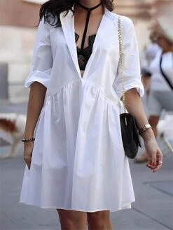 Women's Shirt Dress Casual Dress Mini Dress Outdoor Daily Cotton Basic Classic Shirt Collar Button Long Sleeve Summer Spring Fall 2023 Loose Fit Black White Navy Blue Pure Color S M L XL 2XL