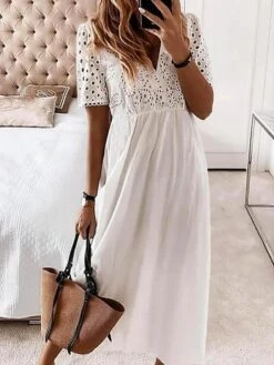 Women's Casual Dress Cotton Linen Dress Swing Dress Maxi Long Dress Cotton Blend Basic Elegant Outdoor Daily Vacation V Neck Eyelet Half Sleeve Summer Spring Fall 2023 Regular Fit White Plain S M L