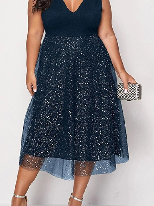 Women‘s Plus Size Curve Party Dress Solid Color V Neck Mesh Sleeveless Spring Fall Elegant Sexy Sequins Prom Dress Midi Dress Formal Party Dress Sequin Dress Homecoming Dress Print 5 Women‘s Plus Size Curve Party Dress Solid Color V Neck Mesh Sleeveless Spring Fall Elegant Sexy Sequins Prom Dress Midi Dress Formal Party Dress Sequin Dress Homecoming Dress Print - Image 5