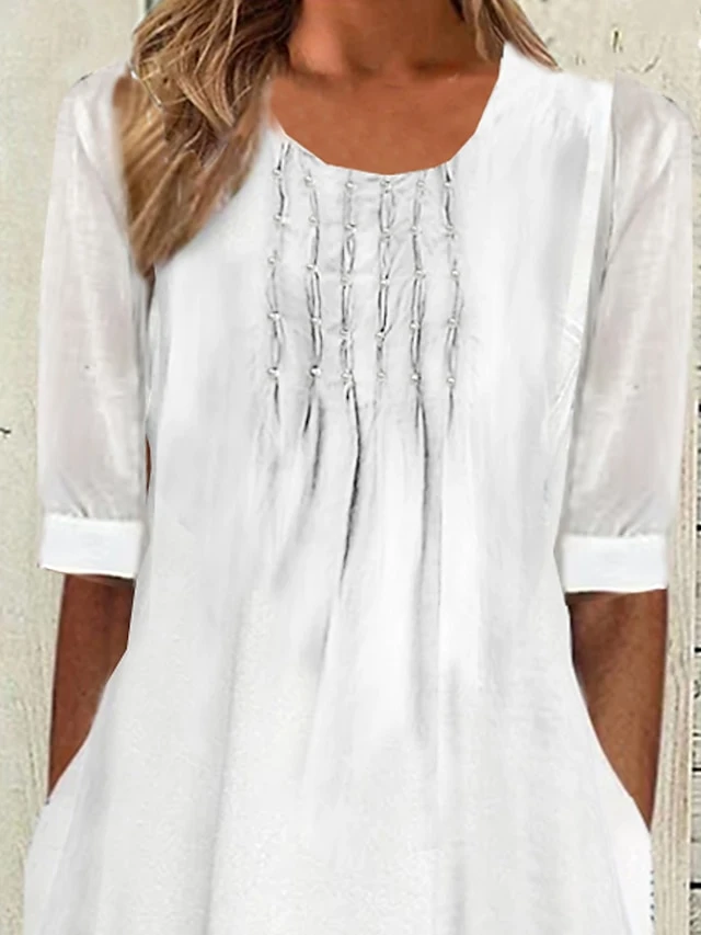 Women's Casual Dress Cotton Linen Dress Swing Dress Midi Dress Cotton Blend Basic Modern Outdoor Daily Crew Neck Pocket Layered Half Sleeve Summer Spring Fall 2023 Regular Fit White Plain S M L XL 2XL 2 Women's Casual Dress Cotton Linen Dress Swing Dress Midi Dress Cotton Blend Basic Modern Outdoor Daily Crew Neck Pocket Layered Half Sleeve Summer Spring Fall 2023 Regular Fit White Plain S M L XL 2XL - Image 2