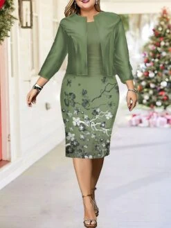 Women's Christmas Plus Size Curve Casual Dress Dress Set Two Piece Dress Floral Midi Dress Long Sleeve Print Crew Neck Fashion Outdoor Blue Purple Fall Winter L XL XXL 3XL 4XL