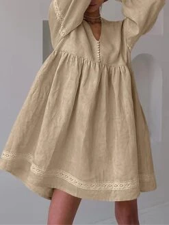 Women's Casual Dress Cotton Linen Dress Swing Dress Mini Dress Linen / Cotton Blend Fashion Modern Outdoor Daily Vacation V Neck Lace Ruched Long Sleeve Fall Winter Autumn 2023 Loose Fit Blue Brown -HAYz Clothing Shop mwpfyl1692961125140