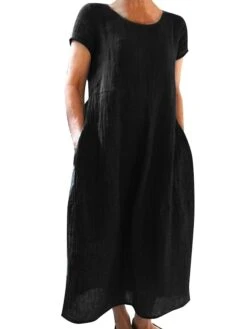 Women's Casual Dress Cotton Linen Dress Shift Dress Maxi Long Dress Cotton Blend Basic Casual Outdoor Daily Vacation Crew Neck Pocket Short Sleeve Summer Spring 2023 Loose Fit Black White Yellow Plain -HAYz Clothing Shop mwtjyq1673606393972