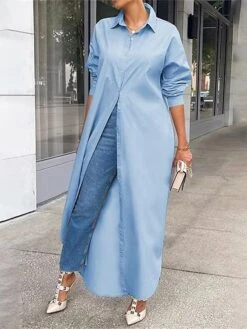 Women's Shirt Dress Casual Dress Midi Dress Outdoor Daily Vacation Polyester Fashion Modern Shirt Collar Split Long Sleeve Fall Winter 2023 Loose Fit Black White Yellow Plain S M L XL XXL