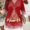Women's Plus Size Curve Christmas Dress Casual Dress Winter Dress Christmas Tree Snowflake Mini Dress Long Sleeve Print V Neck Fashion Outdoor Black Wine Fall Winter L XL 2XL 3XL 4XL