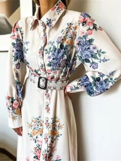 Women's Shirt Dress Casual Dress Swing Dress Maxi Long Dress Outdoor Office Business Polyester Fashion Elegant Shirt Collar Button Tie Belt Long Sleeve Summer Spring Fall 2023 Loose Fit White Floral -HAYz Clothing Shop mxjcax1689227597262