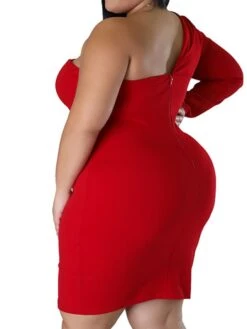 Women‘s Plus Size Curve Party Dress Solid Color One Shoulder Long Sleeve Fall Winter Formal Knee Length Dress Party Date Dress -HAYz Clothing Shop mxoyhi1658995287223