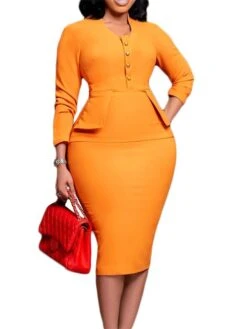 Women‘s Plus Size Curve Work Dress Solid Color V Neck Long Sleeve Fall Winter Work Elegant Formal Knee Length Dress Formal Work Dress -HAYz Clothing Shop mxrcrn1663308383468