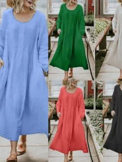 Women's Casual Dress Cotton Linen Dress Swing Dress Maxi Long Dress Linen / Cotton Blend Fashion Classic Outdoor Daily Vacation Crew Neck Ruched Pocket Long Sleeve Summer Spring Fall 2023 Loose Fit -HAYz Clothing Shop mxvfzt1689325391476