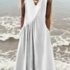 Women's Casual Dress Cotton Linen Dress Swing Dress Midi Dress Cotton Blend Fashion Basic Outdoor Daily Vacation V Neck Ruched Pocket Sleeveless Summer Spring 2023 Loose Fit Black White Blue Plain S