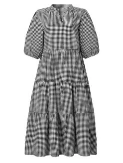 Women's Casual Dress Cotton Dress Midi Dress Cotton Basic Classic Outdoor Daily Vacation V Neck Print Long Sleeve Spring Fall Winter 2023 Loose Fit Black Yellow Red Plaid S M L XL 2XL -HAYz Clothing Shop mykneg1692695630455