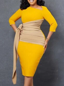 Women‘s Plus Size Curve Work Dress Color Block V Neck 3/4 Length Sleeve Spring Fall Work Elegant Knee Length Dress Work Work Dress Dress -HAYz Clothing Shop mylleo1665655672110