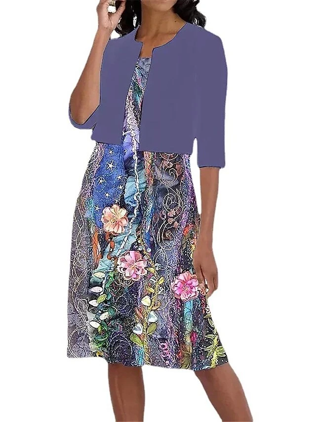 Women's Two Piece Dress Set Casual Dress Print Dress Outdoor Daily Fashion Modern Print Midi Dress Crew Neck Half Sleeve Floral Regular Fit Purple Summer Spring S M L XL XXL 3 Women's Two Piece Dress Set Casual Dress Print Dress Outdoor Daily Fashion Modern Print Midi Dress Crew Neck Half Sleeve Floral Regular Fit Purple Summer Spring S M L XL XXL - Image 3